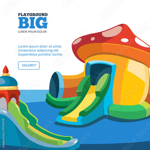 Vector illustration of inflatable castles and children hills on playground