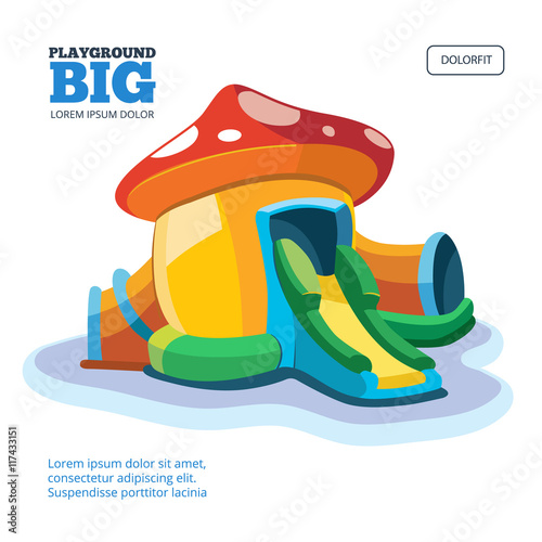 Vector illustration of inflatable castles and children hills on playground