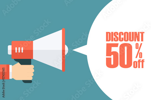 Male hand holding megaphone with discount speech bubble. Loudspeaker. Discount banner for business, promotion and advertising. Vector illustration.