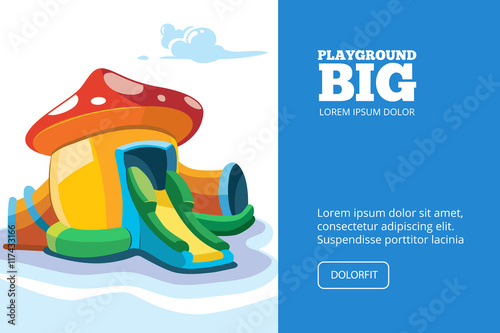Vector illustration of inflatable castles and children hills on playground