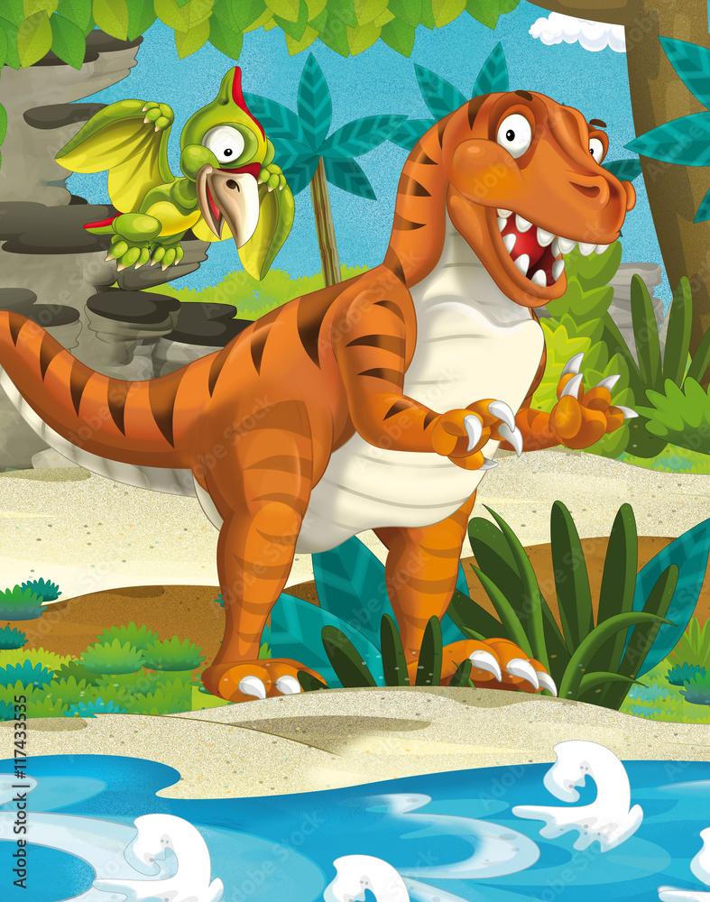 Naklejka Cartoon szczęśliwy dinozaur - tyrannosaurus i latający dinozaur - ilustracja dla dzieci