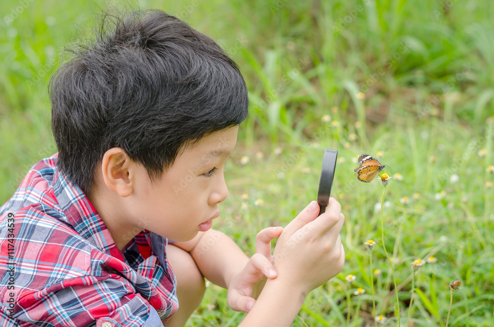 Young asian boy using magnifying glass to observing butterfly in Young asian boy using magnifying glass to observing butterfly in