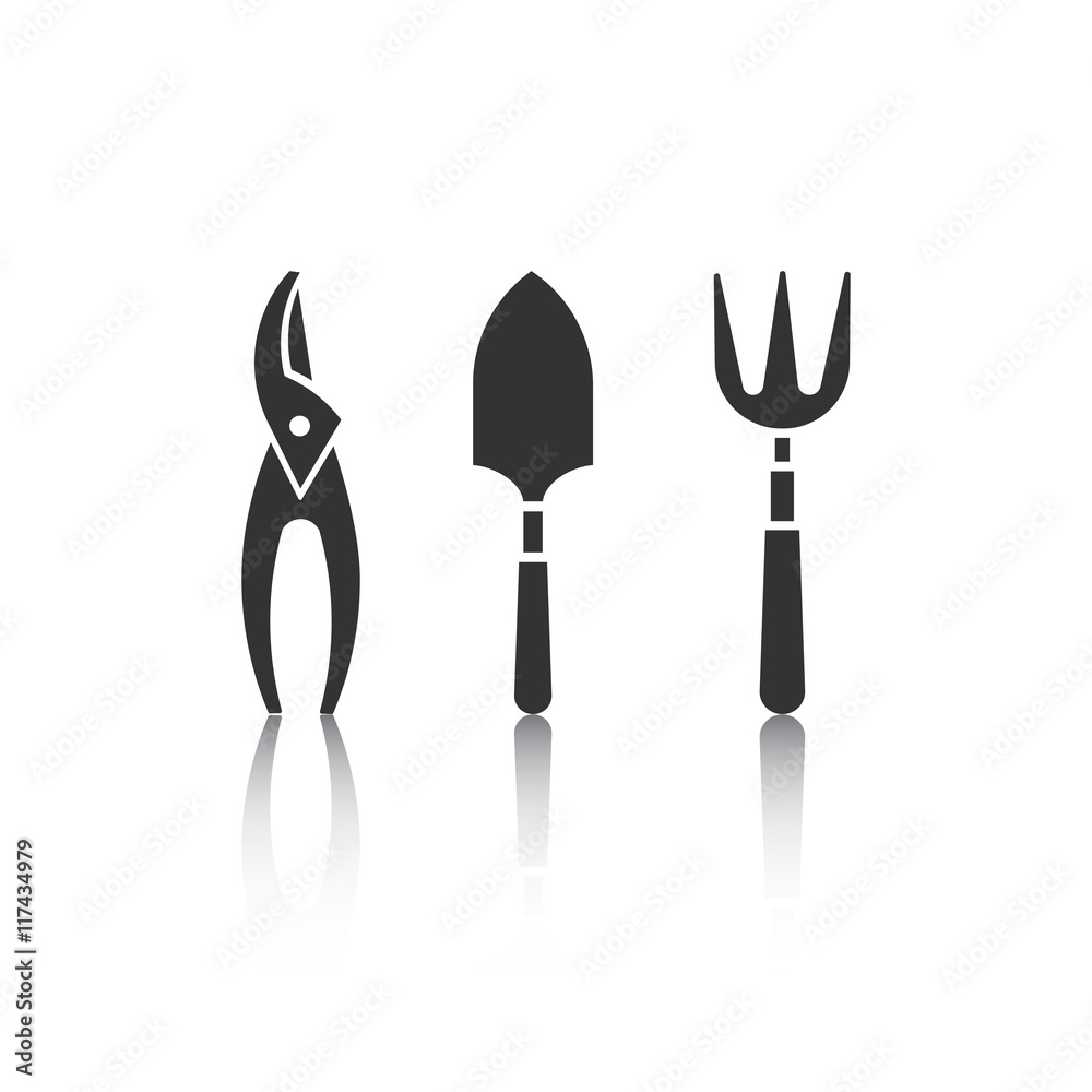Set of icons with reflectoin - garden tools. Web site design. Spring season gardening objects Set of icons with reflectoin - garden tools. Web site design. Spring season gardening objects