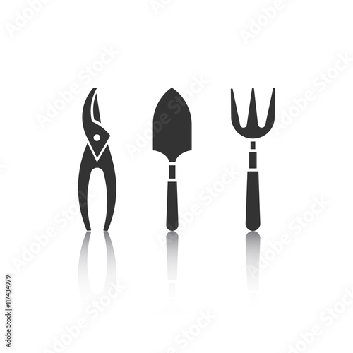 Set of icons with reflectoin - garden tools. Web site design. Spring season gardening objects