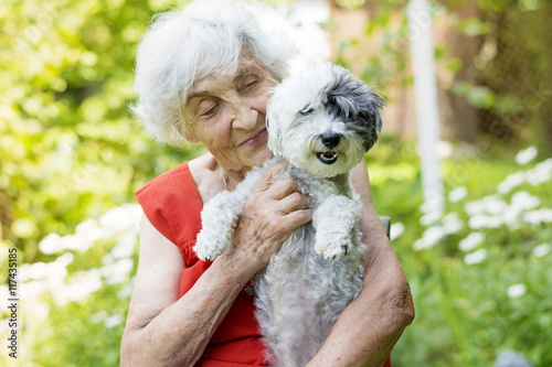 beautiful senior woman with her dog in a blooming summer garden photo