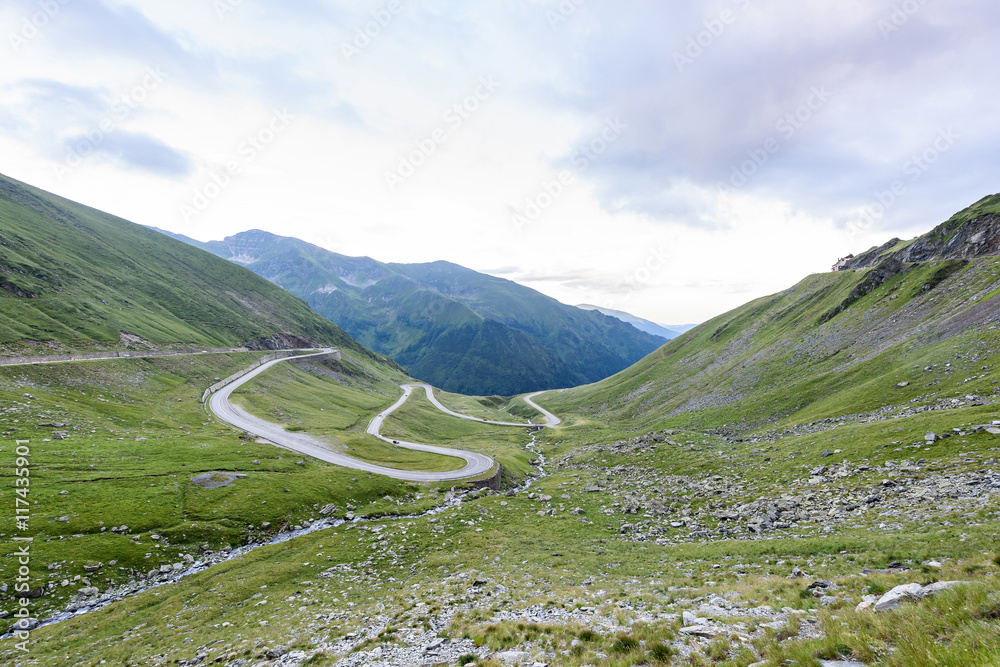 Photo of famous winding road in fagaras mountains at sunset, Romania.