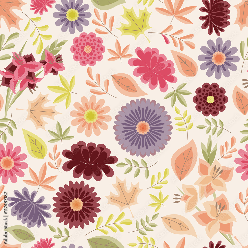Autumn seamless pattern with flowers and leaves vintage