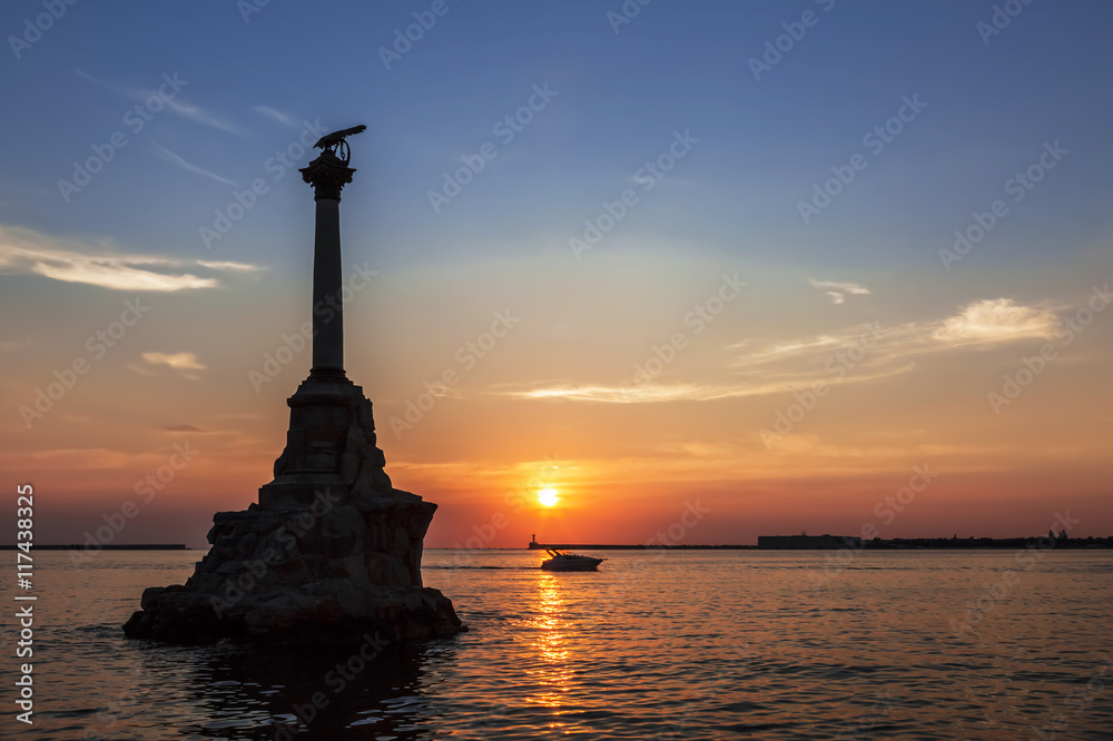 The Sevastopol Bay and the monument to the scuttled ships at sunset, Crimea, Russia