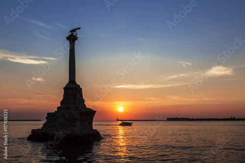 The Sevastopol Bay and the monument to the scuttled ships at sunset, Crimea, Russia