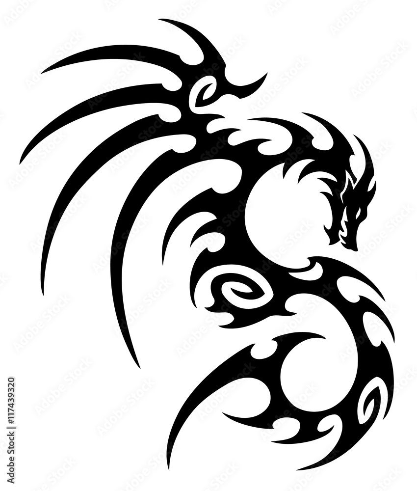 vector illustration, tribal dragon tattoo design, black and white graphics. vector illustration, tribal dragon tattoo design, black and white graphics.