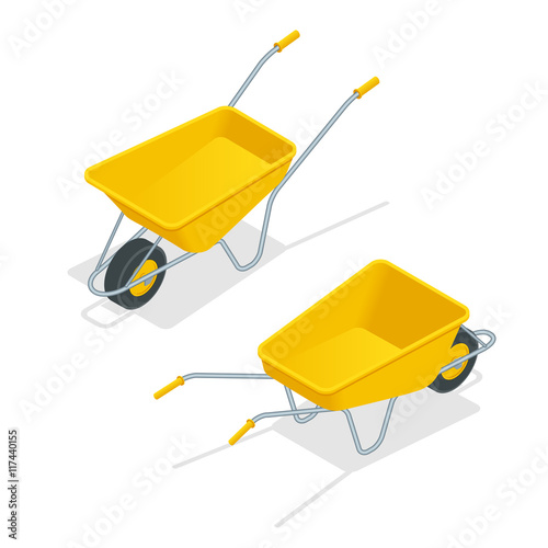 Gardener with seedling in wheelbarrow, sunny nature. Vector isometric 3d flat illustration.