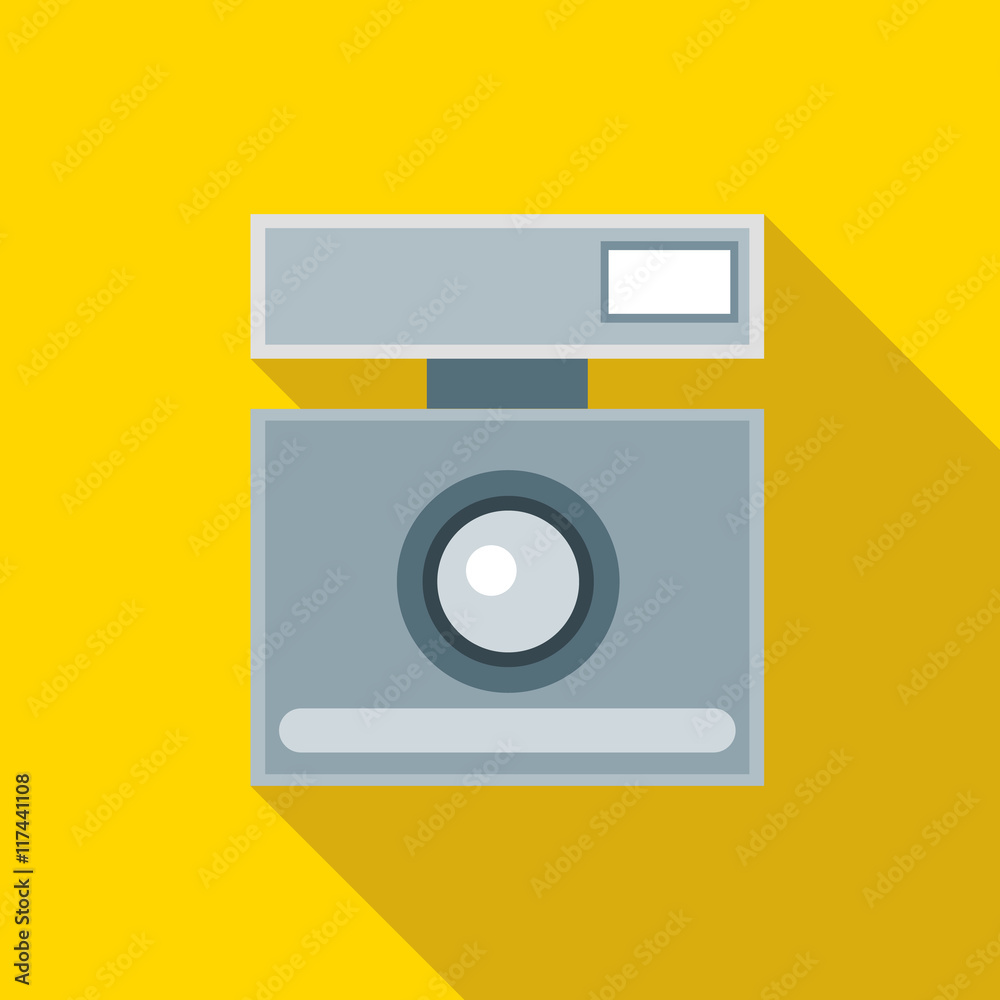 Retro photo camera icon in flat style on a yellow background