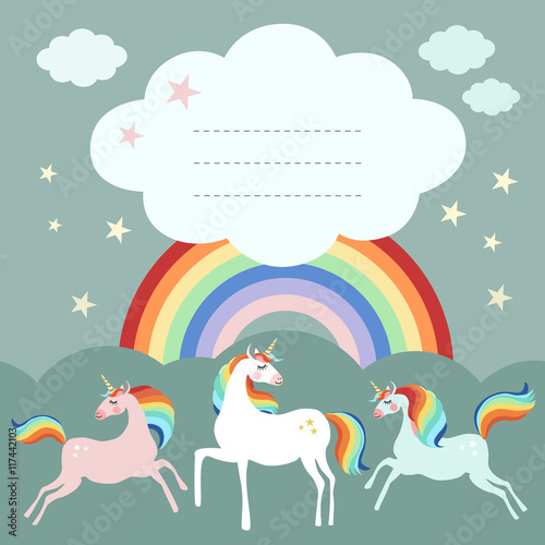 Fairy unicorn birthday party greeting card  invitation with magic unicorns and rainbow in the background  vector illustration  flat design