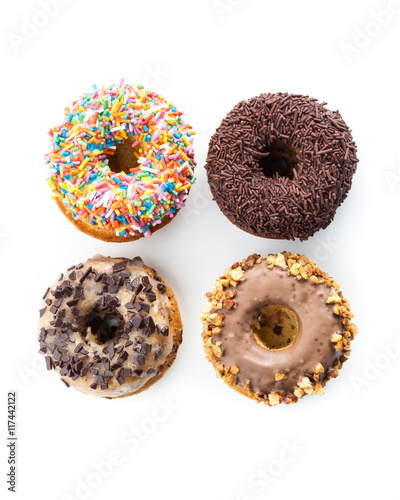 various donuts on white background