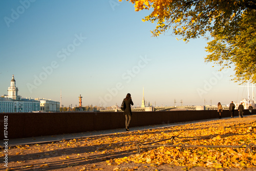 Fototapeta Naklejka Na Ścianę i Meble -  Autumn on embankment River Neva Saint Petersburg Russia