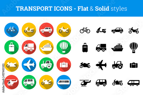 Travel and transport icon set – flat and solid style