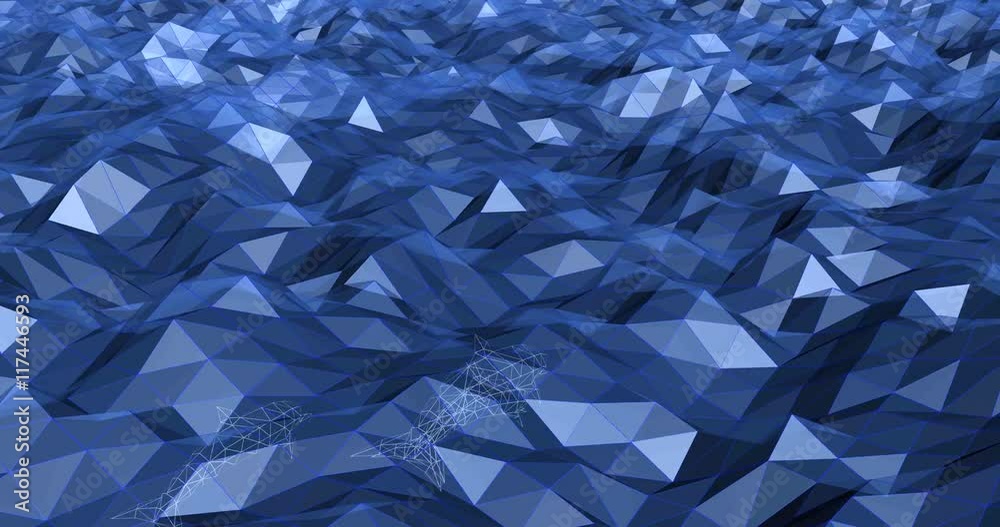 Animated sea of triangles and dolphins swimming and jumping out of the water