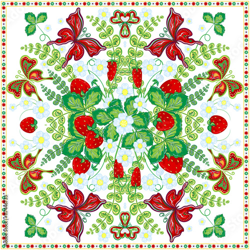 Decorative color floral background, strawberry pattern and ornate lace frame. Bandanna shawl fabric print, silk neck scarf, kerchief design, vector illustration. Tribal ethnic round decoration