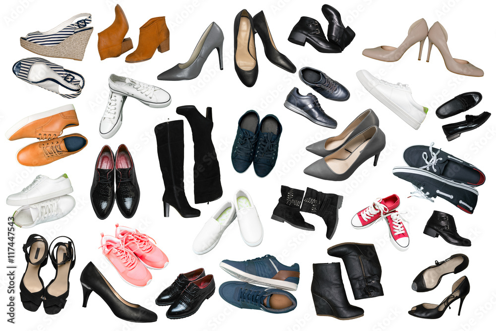 Collection of various types of female shoes over white - obrazy, fototapety, plakaty 