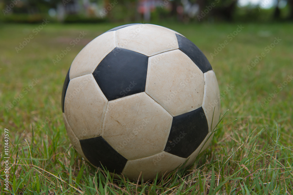 Fototapeta premium Traditional old soccer ball on green grass.football