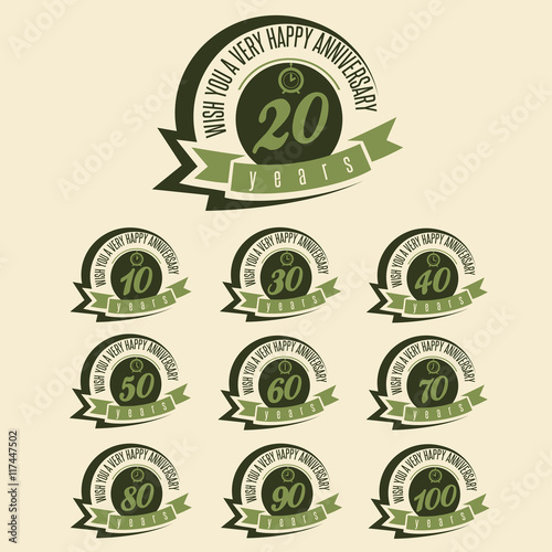 Anniversary sign collection and cards design in retro style. Template of anniversary, jubilee or birthday card with number editable. Vintage vector typography.