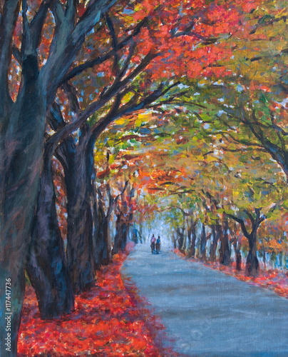 Beautiful acrylic color painting landscape of autumn forest season