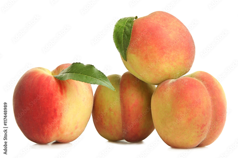 Peaches with leaves on white isolated background. Peaches with leaves on white isolated background.