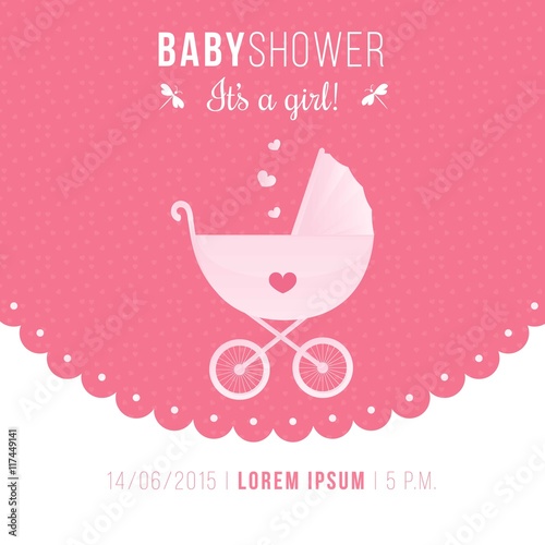 Baby shower invitation with a baby buggy