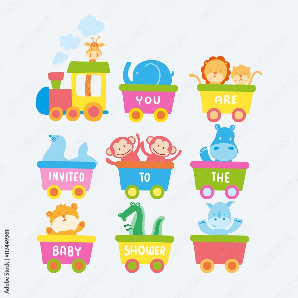 Baby shower invitation with a train and animals