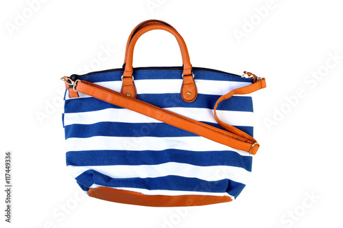 Blue striped beach bag isolated on white