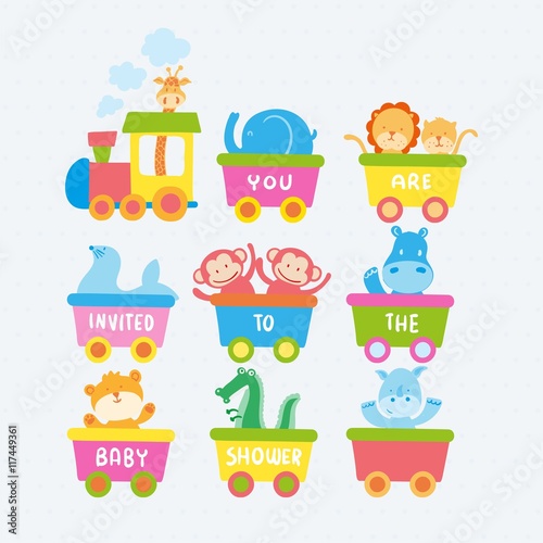 Baby shower invitation with a train and animals
