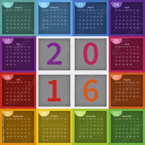 2016 calendar with colorful cubes