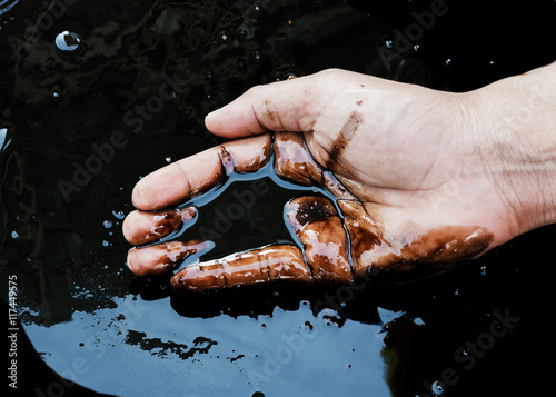 crude oil in hand due to crude oil leak.crude oil spill concept. photo