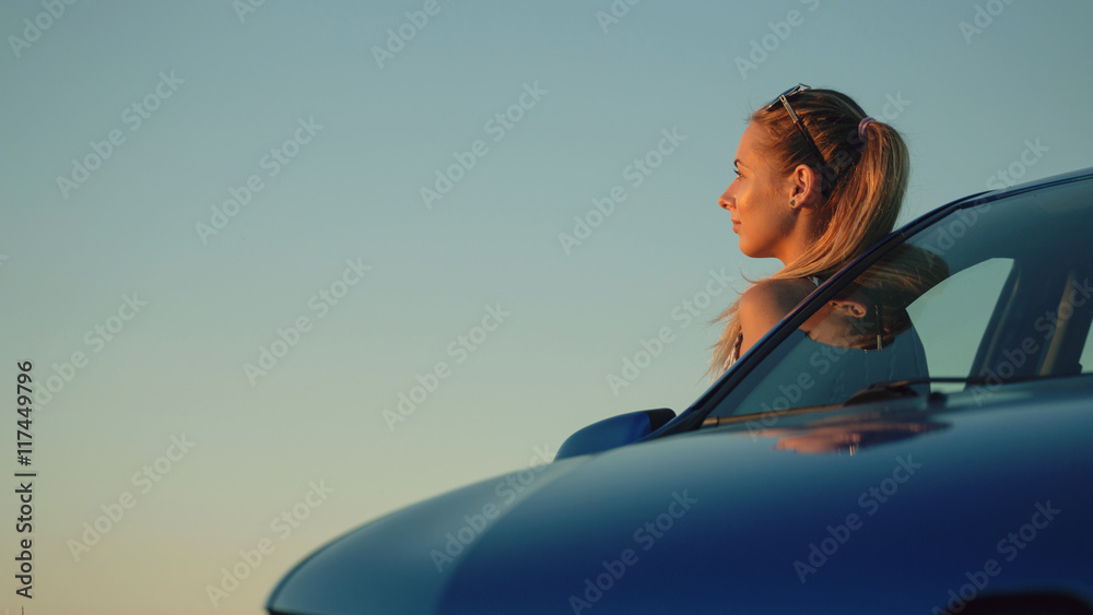 custom made wallpaper toronto digitalBeautiful young girl standing at the car into the sunset
