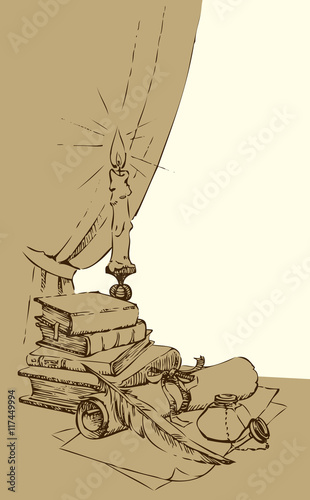 A still-life from an inkwell with a feather and a paper against