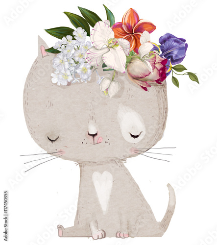 Fototapeta Naklejka Na Ścianę i Meble -  cute cat with floral wreath