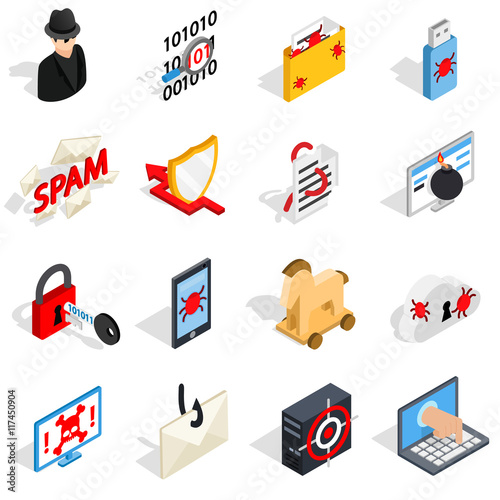 Isometric 3d hacking icons set. Universal hacking icons to use for web and mobile UI, set of basic hacking elements isolated vector illustration