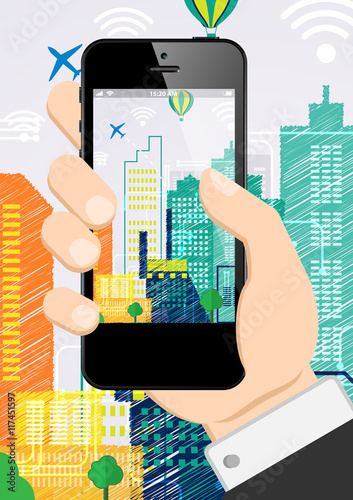  Hand Holding Mobile Phone. Internet of things in the city 