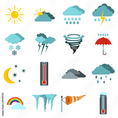 Flat weather icons set. Universal weather icons to use for web and mobile UI, set of basic weather elements isolated vector illustration
