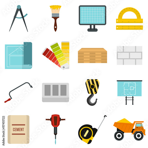 Flat construction icons set. Universal construction icons to use for web and mobile UI, set of basic construction elements isolated vector illustration