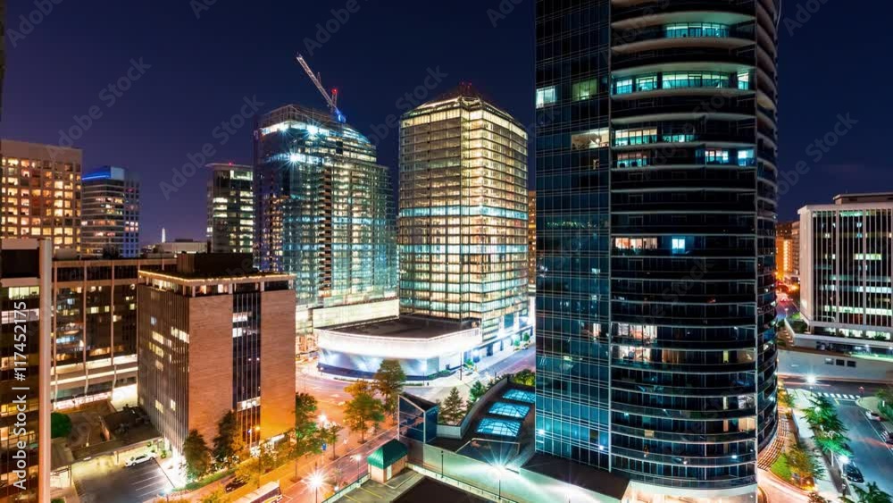 Time-lapse of the cityscape of Rosslyn, Arlington, Virginia at night