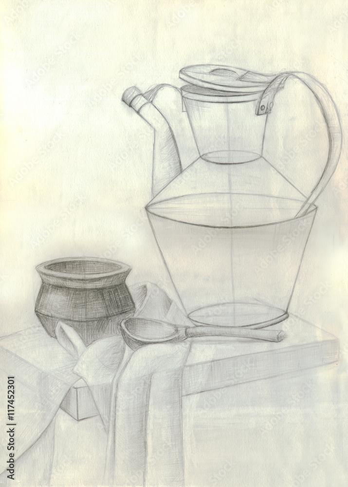 Drawing of a clay Slavic jug and a cup on a building on the table. The  material is hanging in the background. Drawing with a graphic pencil.  Drawing on paper Stock Illustration |