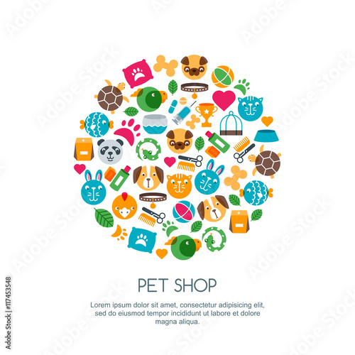 Vector flat illustration of cat, dog, parrot bird, turtle, snake. Goods for animals, multicolor icons set. Trendy design concept for pet shop, pets care, grooming or veterinary.