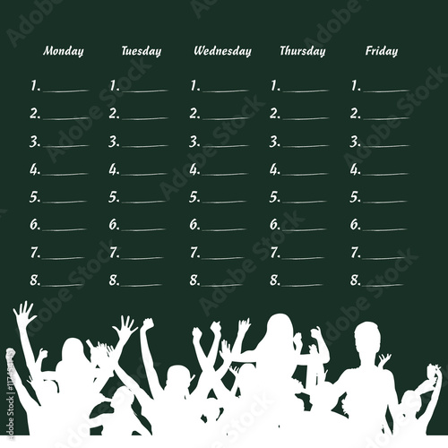 school table with party people illustration on green