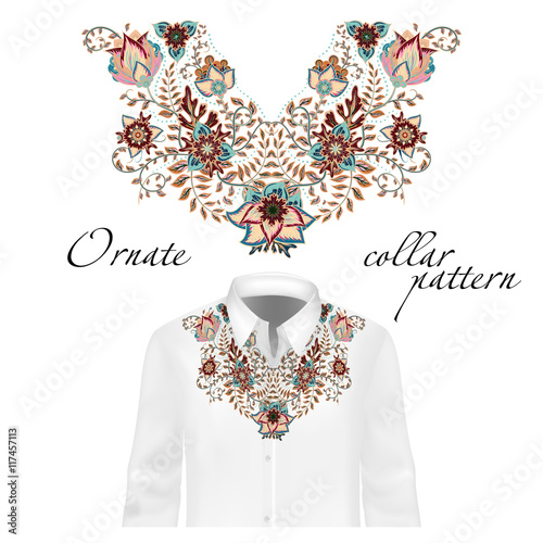 Fototapeta Naklejka Na Ścianę i Meble -  Vector design for collar shirts, blouses. Colorful ethnic flowers neck.