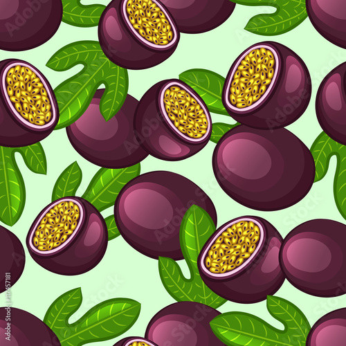 Passion fruit, halved and leaves. Seamless pattern. Vector illustration.