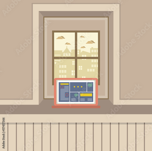 Single Laptop On Windowsill Vector Illustration
