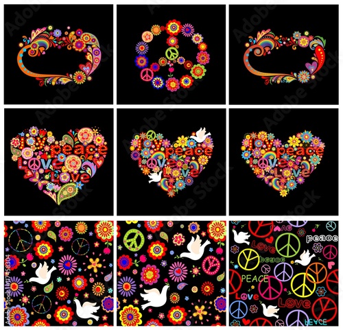 Set of hippie wallpapers, frames, heart shapes and peace symbol
