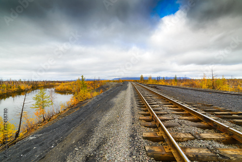 Railway track. Late autumn in the Arctic tundra.