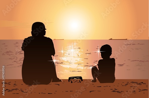 Father and son sitting on the beach and watching sunset. Eps10 sparated by grous and layers